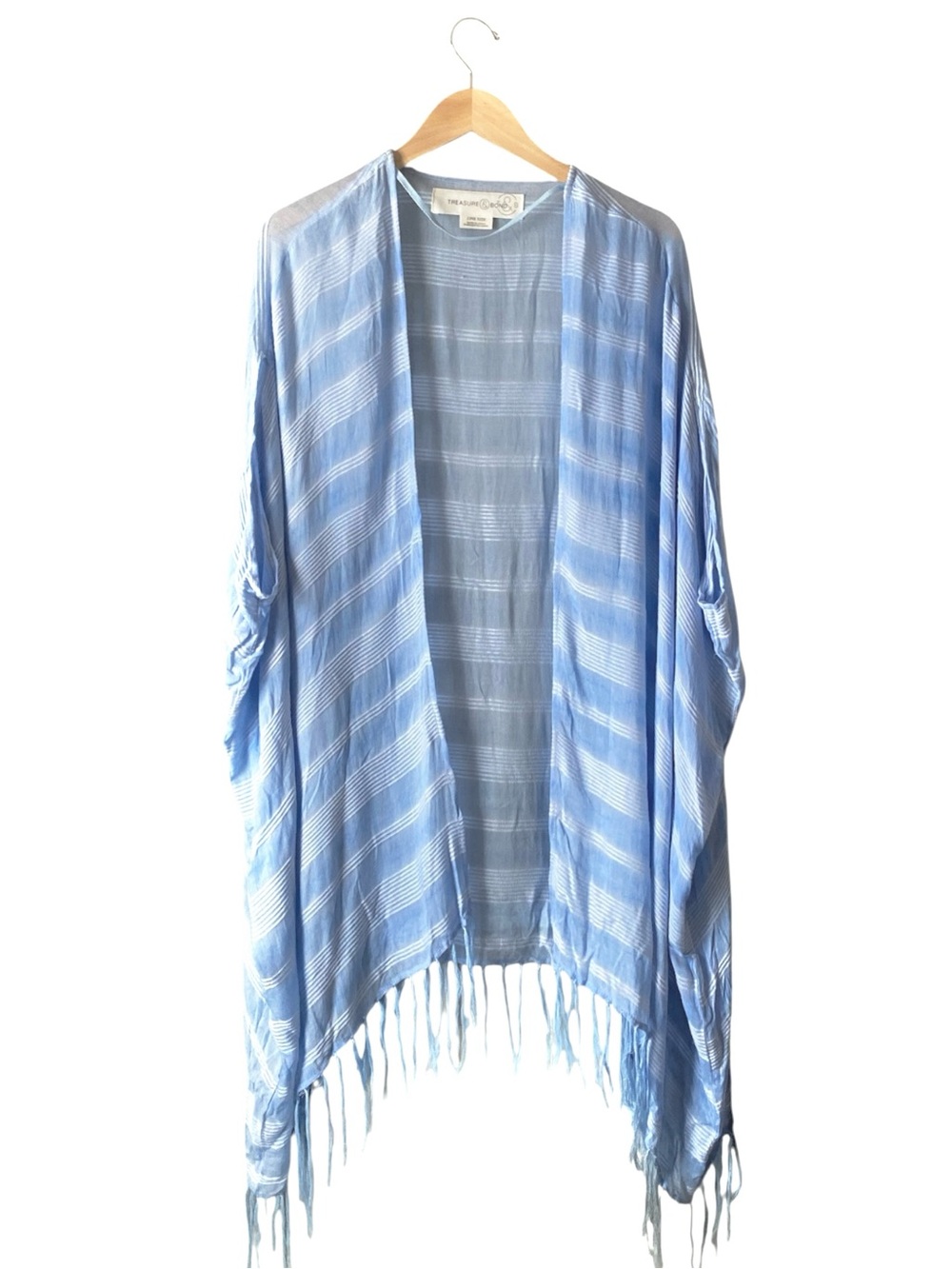 Treasure &Bond Light Blue Striped Fringe Open Arm Hole Flowy Cape Wrap Ruana OS - Picture 6 of 9